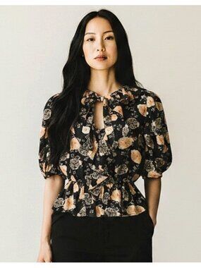 Ulla Johnson Nadya Noir Floral Short Sleeve Blouse Womens 6 Black Ruffle Tie